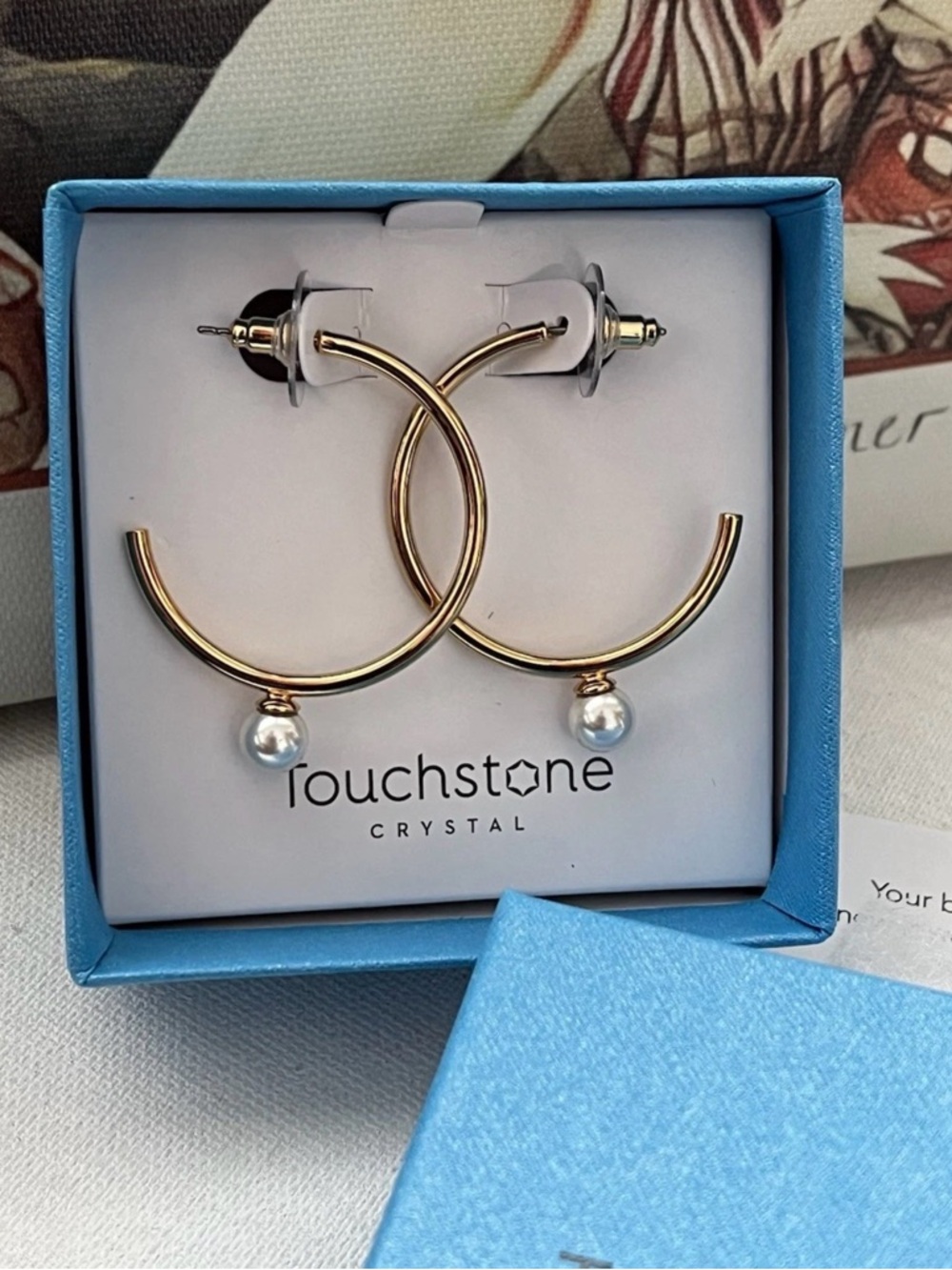 Touchstone Crystal Gold Hoop Earrings, NIB